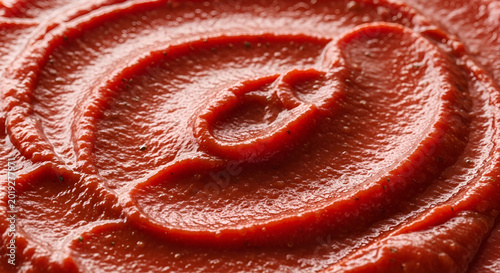 Top view macro texture of red tomato sauce or ketchup swirl, food background