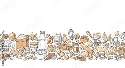 Horizontally repeating border featuring various baking ingredients like flour, eggs, milk, and tools like a rolling pin and whisk.