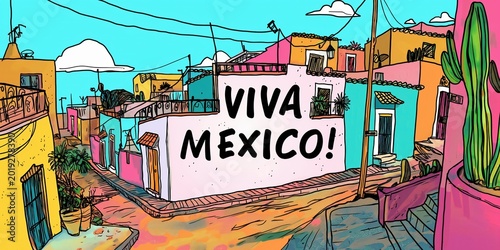 Colorful Mexican village with Viva Mexico sign on street