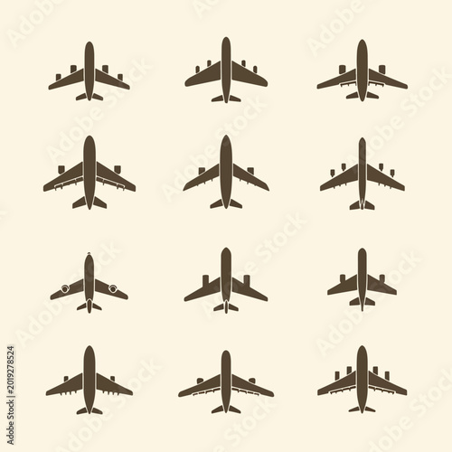 Airplanes in various flying positions.