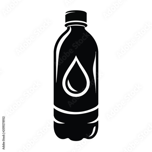 Black plastic water bottle icon, drink symbol, liquid container, hydration sign