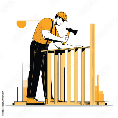 Man in orange shirt building fence.