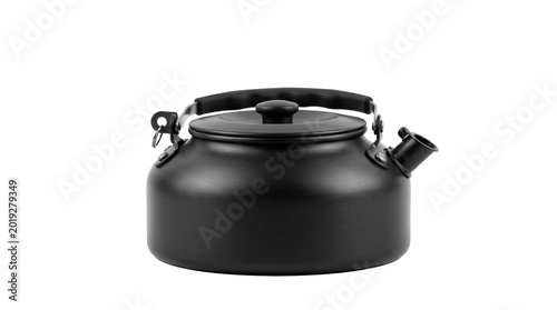 Camping kettle with folding handle black metal teapot for outdoor cooking and camping gear demonstrations