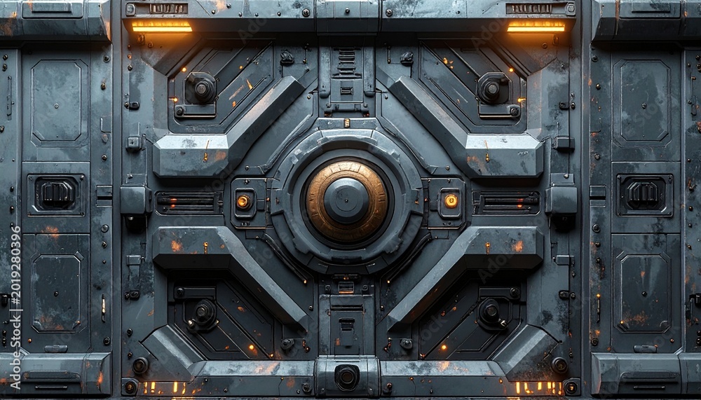 Fototapeta premium A close-up view of a futuristic metallic door with orange lights