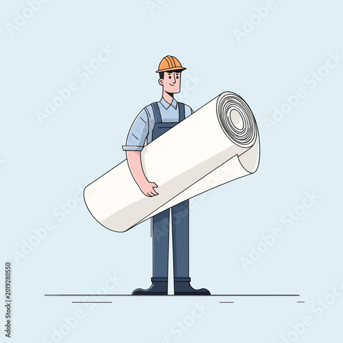 Man in hard hat holding roll.