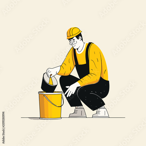Man in overalls holding paint bucket.