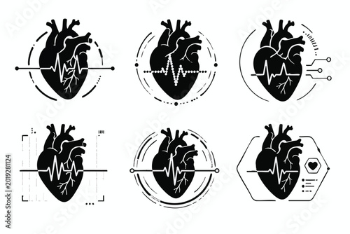 Quadro su tela Heart Rate Icons, ECG Symbols, Medical Logos, Vector Graphics