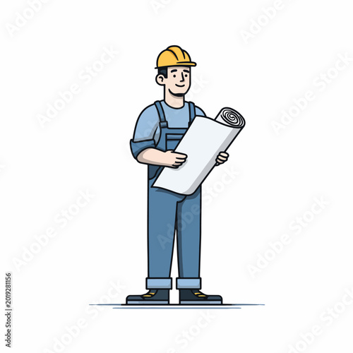 Man wearing hard hat holding blueprint.