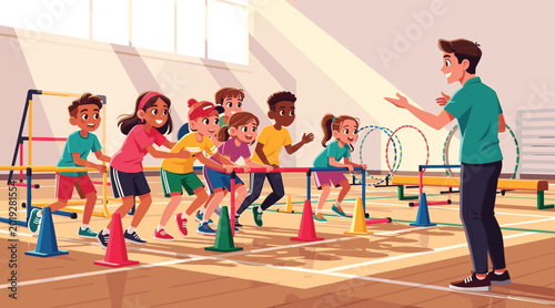 Foto Children's Sports Training Class, Kids Gymnastics Session, School PE Lesson Acti