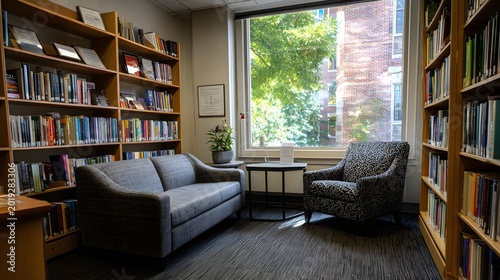 Cozy Modern Reading Corner with Bookshelf and Two Grey Armchairs