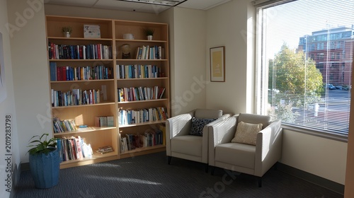 Cozy Modern Reading Corner with Bookshelf and Two Grey Armchairs