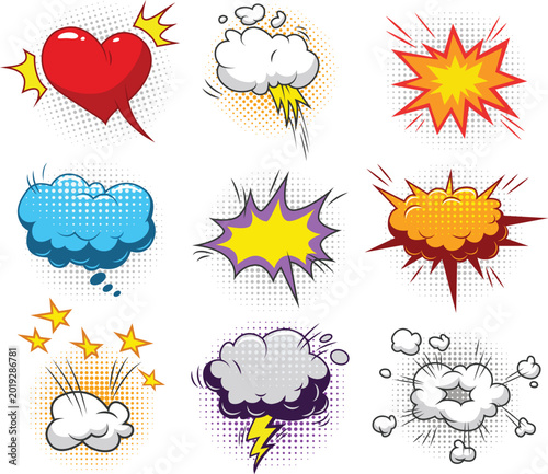 Pop art comic speech bubbles with explosion and heart elements vector