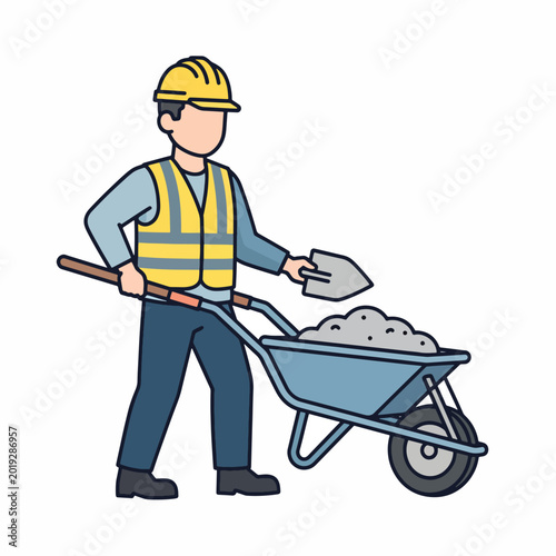 Man wearing safety gear pushing wheelbarrow.