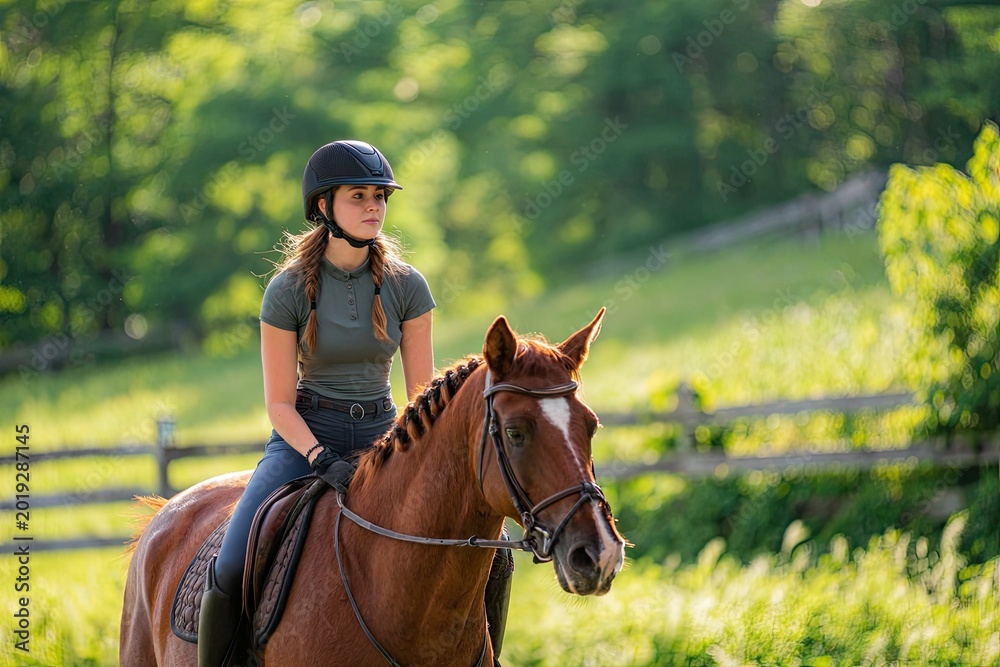 Obraz premium Young woman riding a chestnut horse in a green field