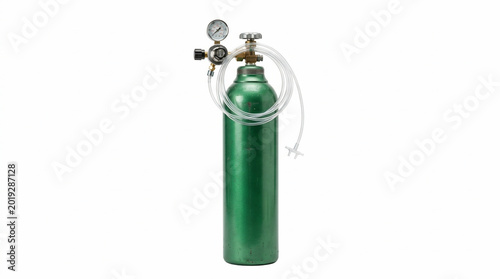 Oxygen cylinder with regulator and tubing in bright studio white background industrial gas equipment