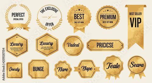 Photos Collection of gold badges and labels with exclusive offers and VIP status, perfe