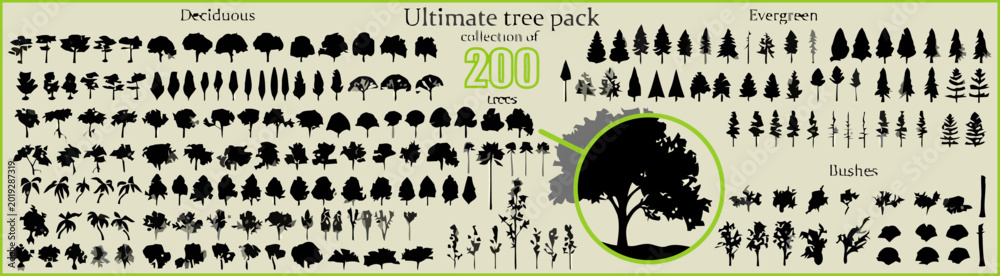 Fototapeta premium Collection of 200 Silhouetted Tree Illustrations for Diverse Design Needs