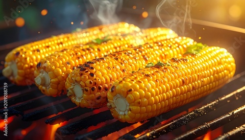 Realistic close-up grilled corn on BBQ grill, smoky atmosphere, cinematic lighting, shallow depth of field, ultra-detailed, photorealistic.