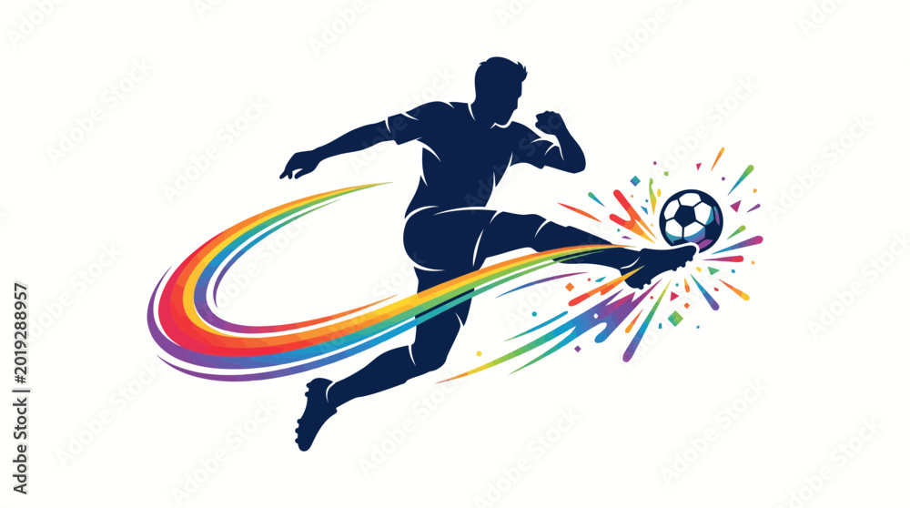 Fototapeta premium Soccer player kicking a ball with colorful motion lines exploding