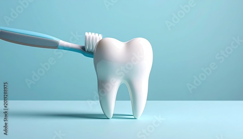 White Tooth Being Brushed with Toothbrush on Minimal Blue Background
