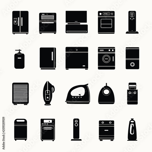 Black icons of household appliances.