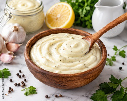 Homemade garlic aioli sauce in a wooden bowl with fresh ingredients on marble surface