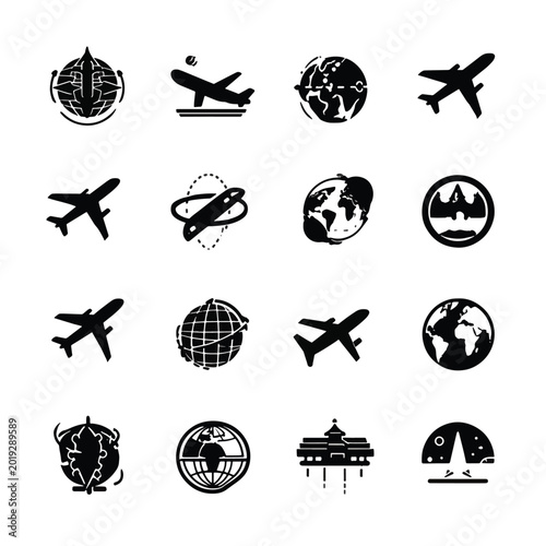Airplane and globe travel icons set.