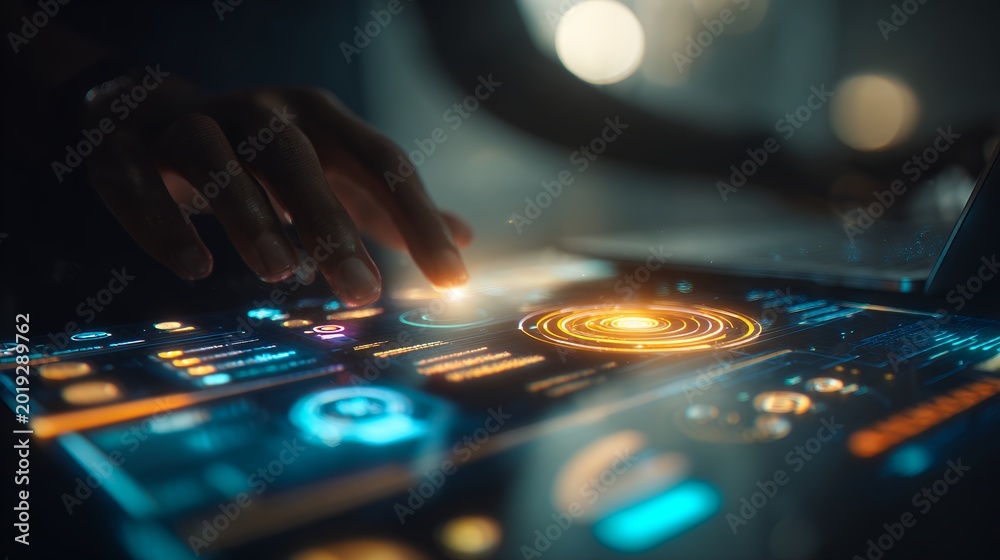 Obraz premium Futuristic Touch Interactive Holographic Control Panel Scene.