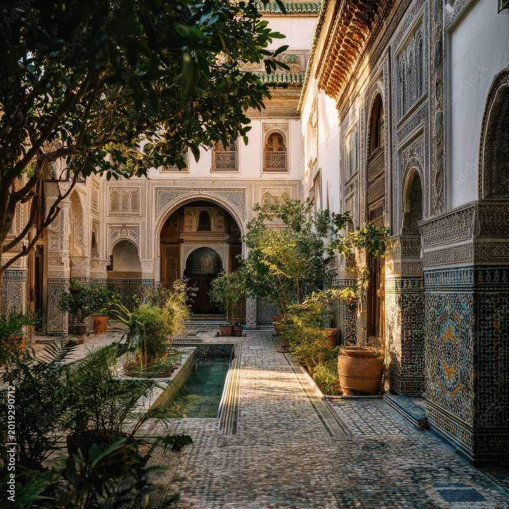 Fototapeta premium Moroccan Courtyard with Intricate Tilework and Lush Greenery