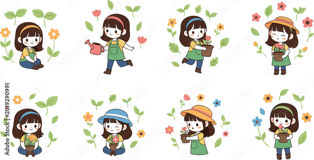 Fototapeta premium Cute Chibi Girl Gardening Sticker Set with Character Watering Flowers Holding Potted Plants Vector Illustration for Kids Spring Hobby Graphic Design