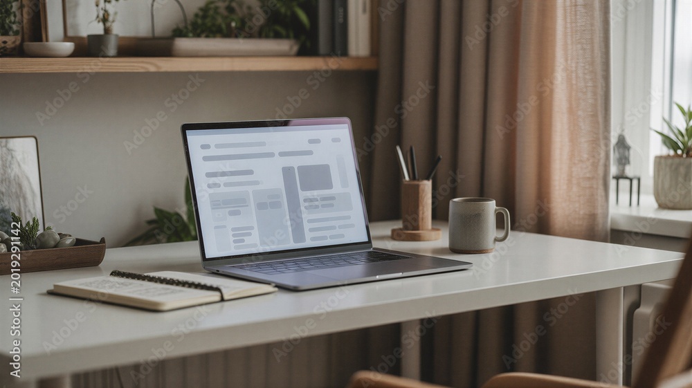 Fototapeta premium Scandinavian minimalist home office workspace with a clean wooden desk setup for coding