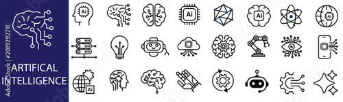 Artificial intelligence icon set with ai technology symbols, robotics, automation and digital innovation elements