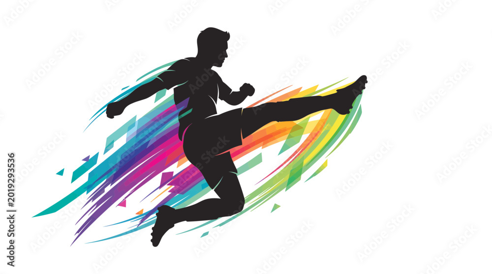 Fototapeta premium A man kicks dynamically with colorful streaks behind him in a graphic illustration.