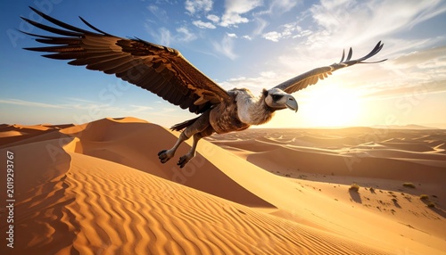 Osprey flying over desert sand dunes.