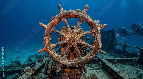 Sunken Ship Wheel with Coral Growth and Divers Exploring Wreckage