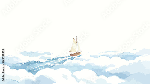 Dreamy Whimsical Watercolor Illustration of a Small Wooden Sailboat Sailing a Narrow Blue Water Path Through a Vast Soft Cloud Sea, Serene Minimalist Style