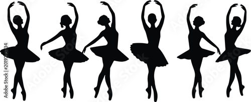 Bilde på lerret Minimalist black ballet dancers in various graceful poses silhouette vector icon