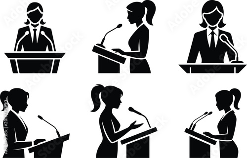 Set of Minimalist black professional woman giving a speech at a podium silhouette vector icon