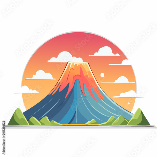 Picturesque cartoon volcano with glowing lava flow set against a beautiful twilight backdrop