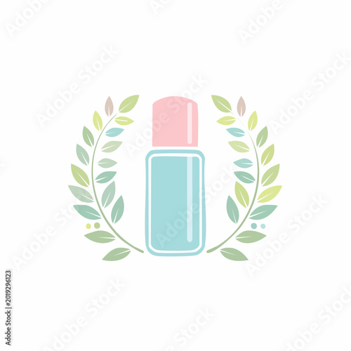 Elegant Botanical Skincare Bottle Icon Adorned with Laurel Wreath - Gentle Beauty Product Illustration