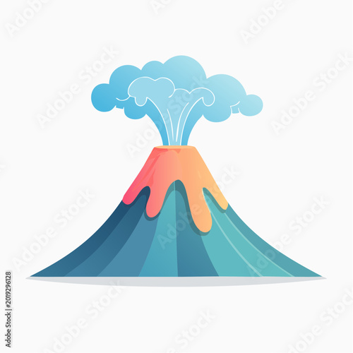 Illustration of a colorful volcano erupting with smoke and lava flows, white background