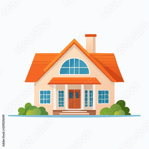Cozy suburban family house illustration with a bright orange roof, a warm and inviting design, ideal for property and real estate themes