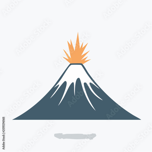 Stylized graphic depiction of an active volcano with a fiery eruption and snow-capped peak, symbolizing natural power and geological activity