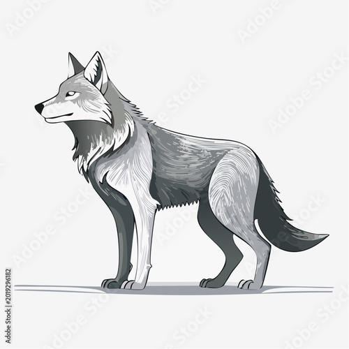 Illustration of a grey wolf standing alert, with a white belly and grey fur