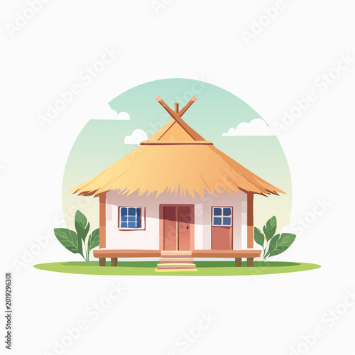 Traditional thatched-roof bungalow surrounded by lush greenery and a gentle sky backdrop
