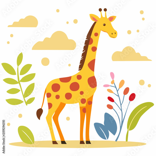 Adorable Cartoon Giraffe Illustration Surrounded by Colorful Foliage and Clouds