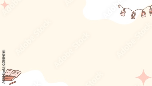 Minimal pastel doodle background with books and hanging photo decoration