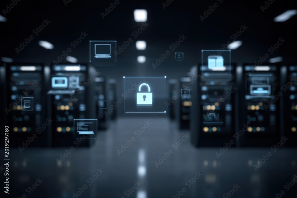 Fototapeta premium An intricate cyber defense grid blocks a sudden attack, identifying a vulnerability and neutralizing a security threat before any breach can compromise the entire system.