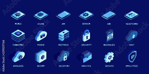 Schilderij op canvas Isometric technology icons in a grid arrangement blue and purple color scheme hi