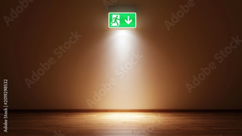 Illuminated emergency exit sign with running figure and downward arrow glowing brightly above empty wooden floor and wall in dark room